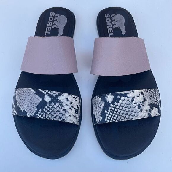 Sorel Leather Snake Print Slides Womens Sz 6 Ella Black Vapor Sandals Slip On - Picture 2 of 7